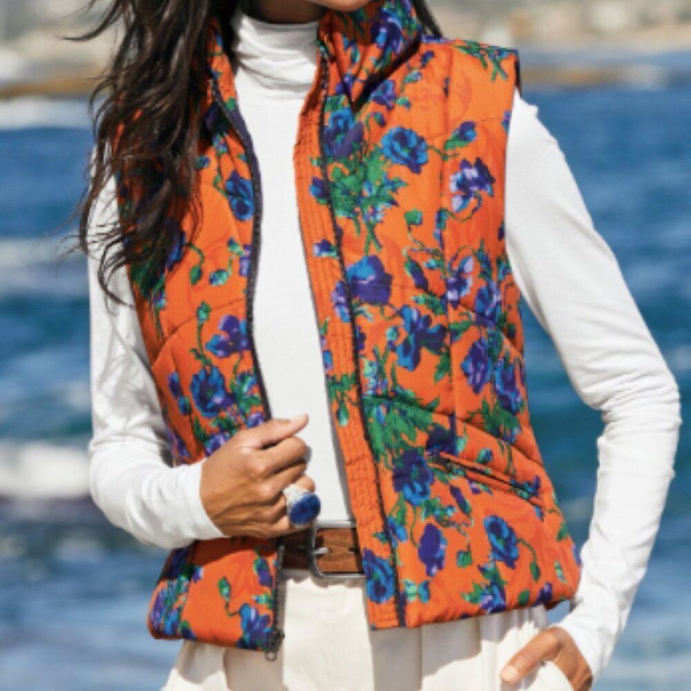 Peruvian Connection Orange Floral Pockets Full Zip Puffer Vest Jacket Small